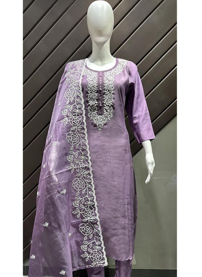 Roman Silk Purple Traditional Wear Thread Work Readymade Salwaar Suit